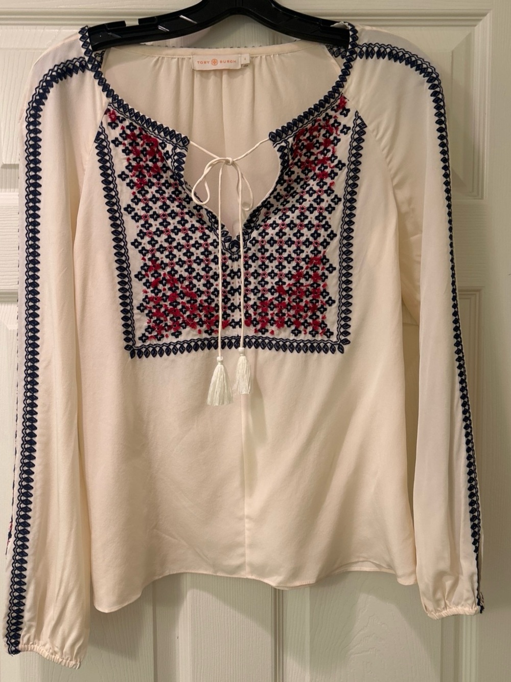 Tory Burch Ivory Embroidered Tunic with Navy & Red Accents
